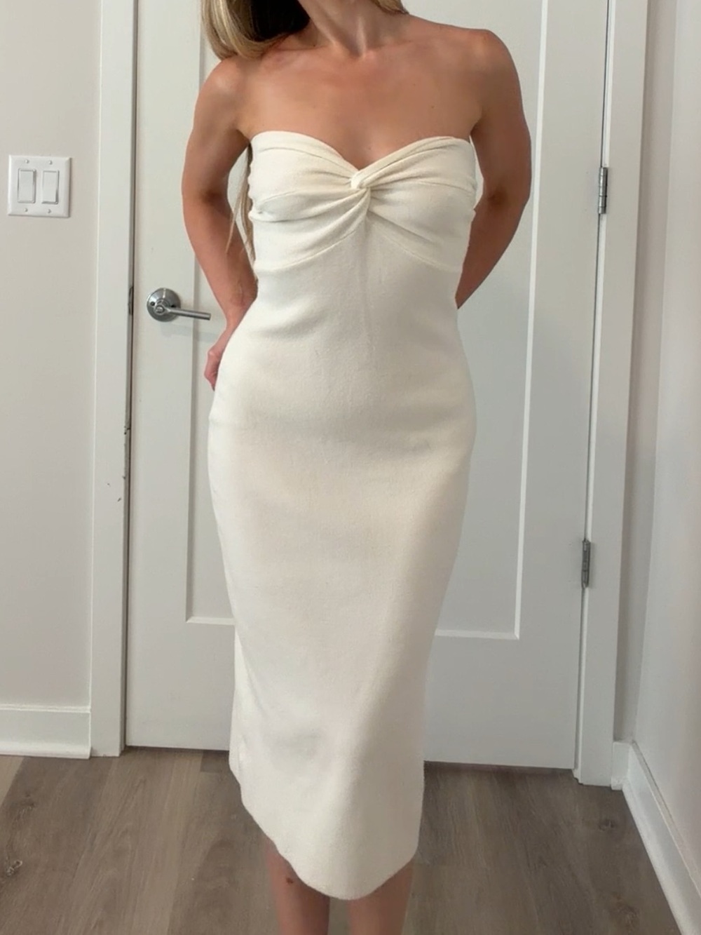 Ivory Strapless Twist Front Fitted Midi Dress